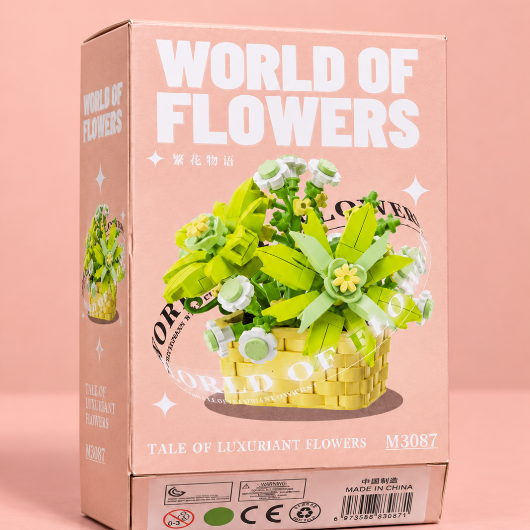 Green flower basket building blocks model M3087 angled package view