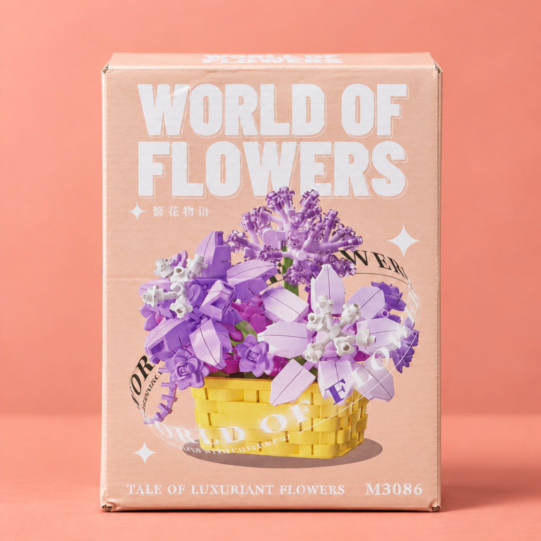 Purple flower basket building blocks model M3086 angled package view
