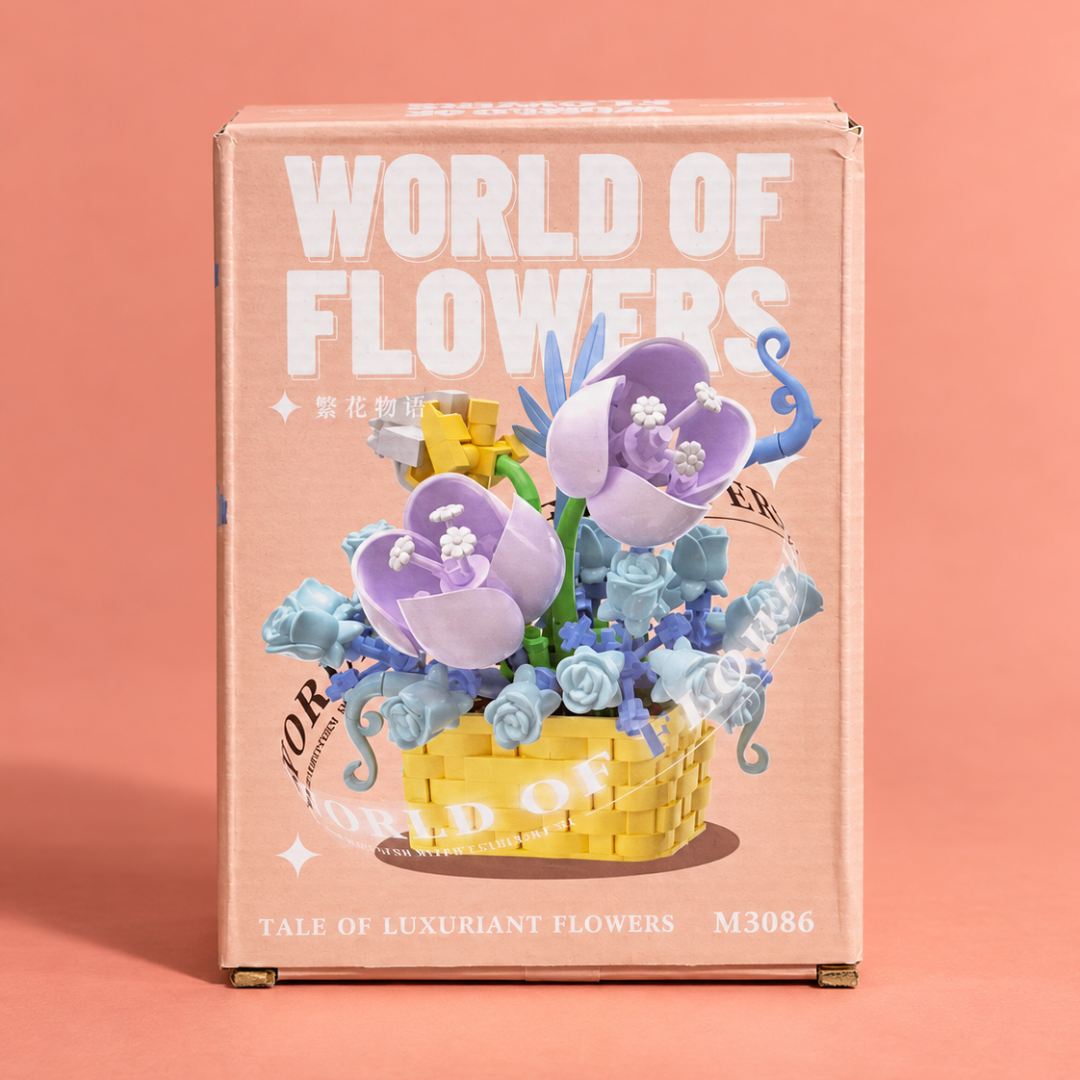 Blue and purple flower basket building blocks model M3086 angled package view