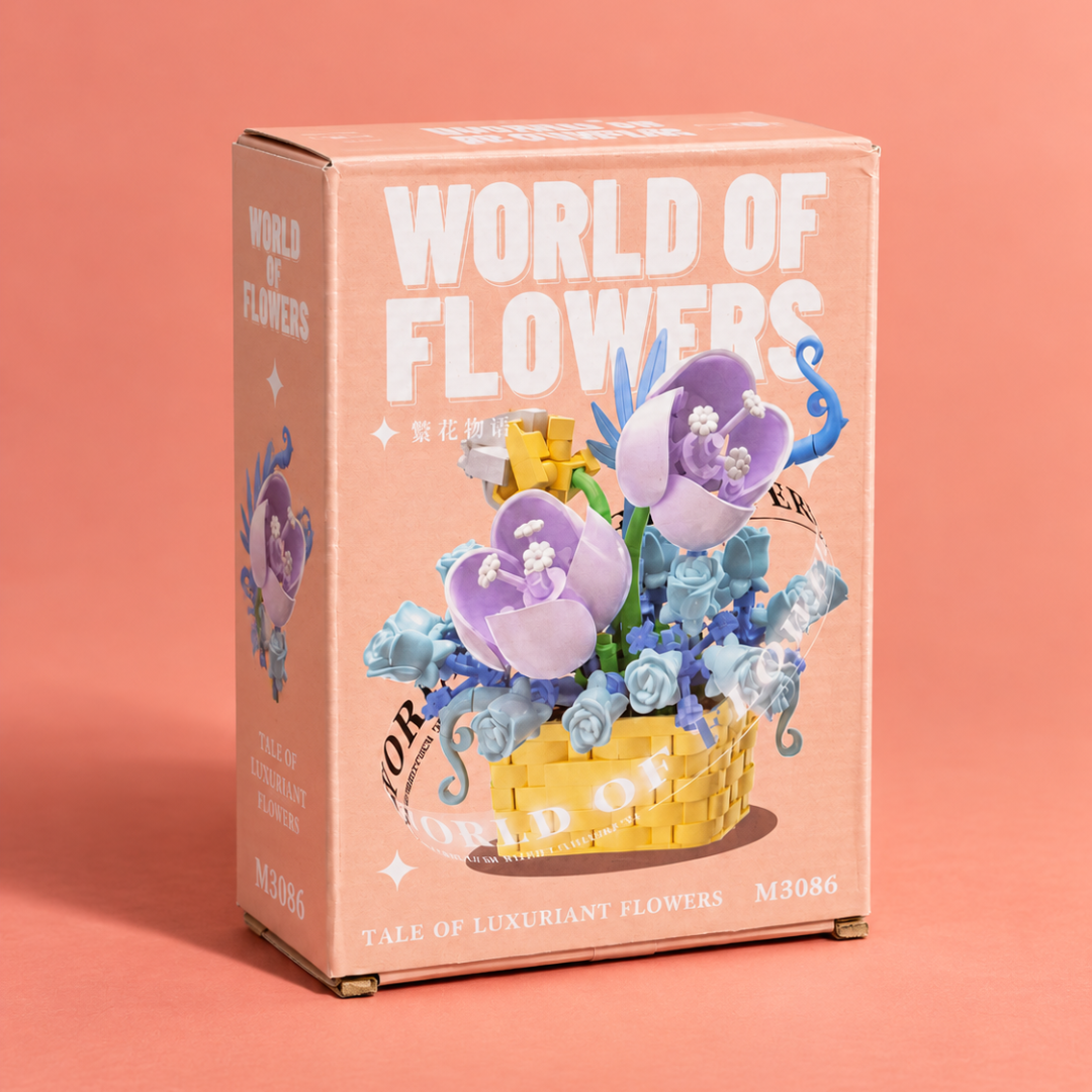 Blue and purple flower basket building blocks model M3086 front package view