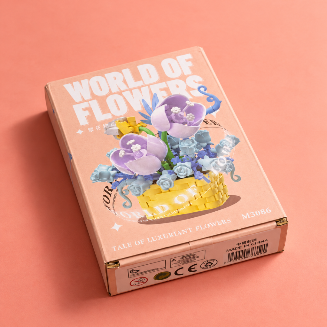 Blue and purple flower basket building blocks model M3086 package view
