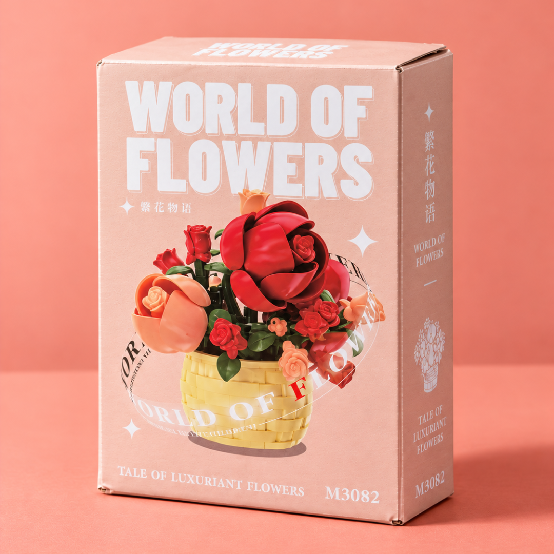 Red rose basket building blocks model M3082 angled package view