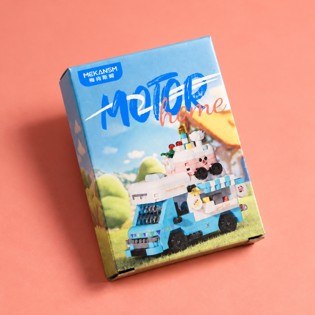 MEKANSM blue sweet food truck building blocks box angled view