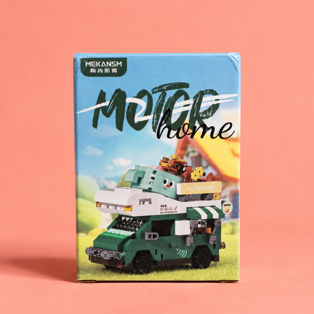 Front view of MEKANSM green coffee truck building blocks box