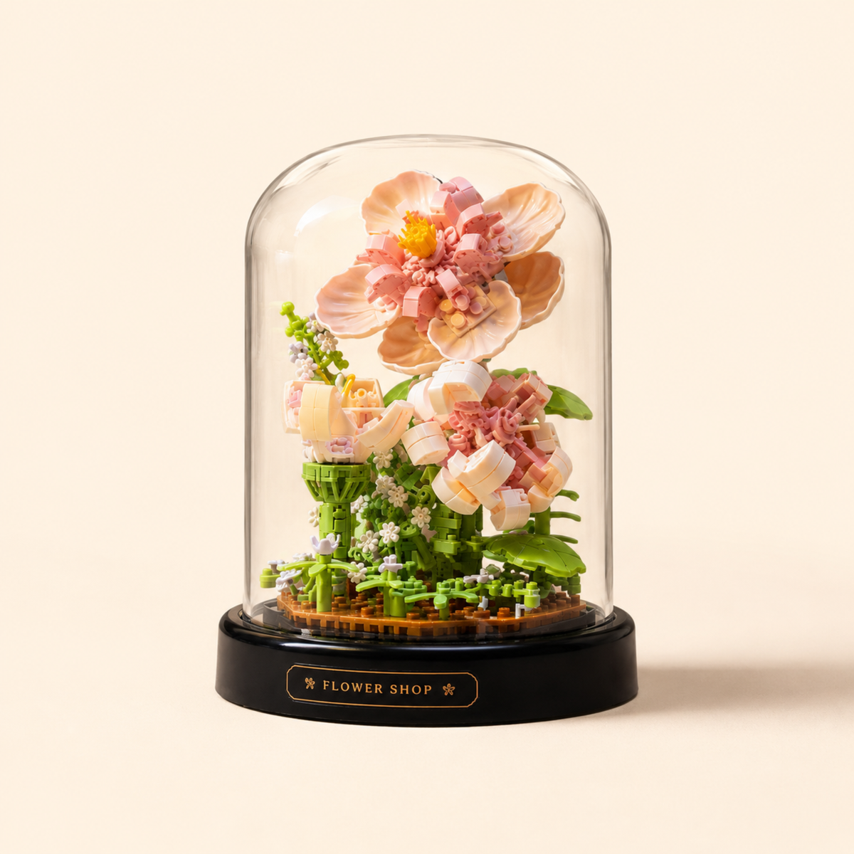 Pink Hibiscus Flower Building Block Terrarium with LED Lights